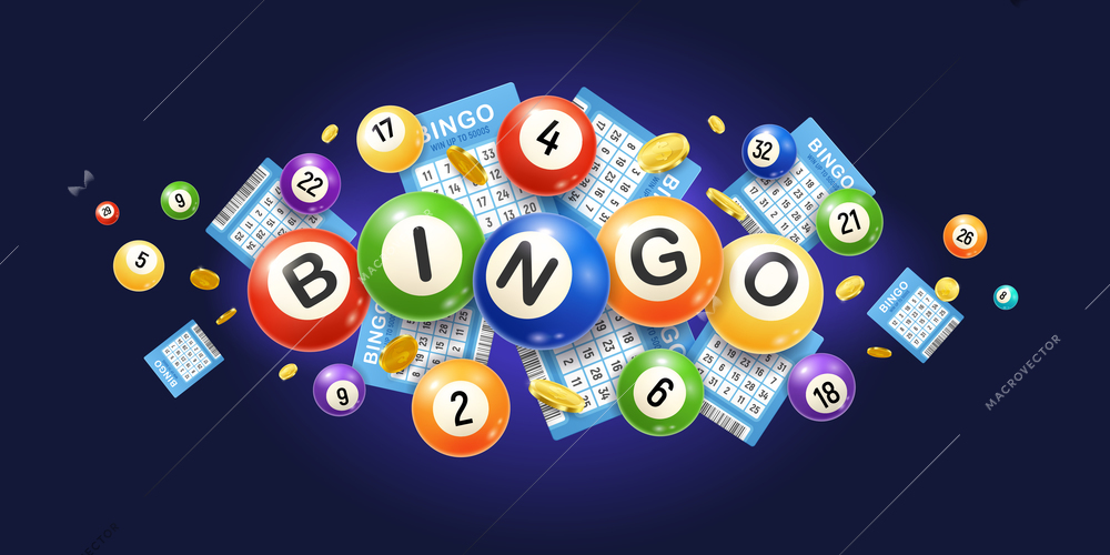 Realistic bingo composition with images of numeric lottery balls with tickets and golden money coins vector illustration