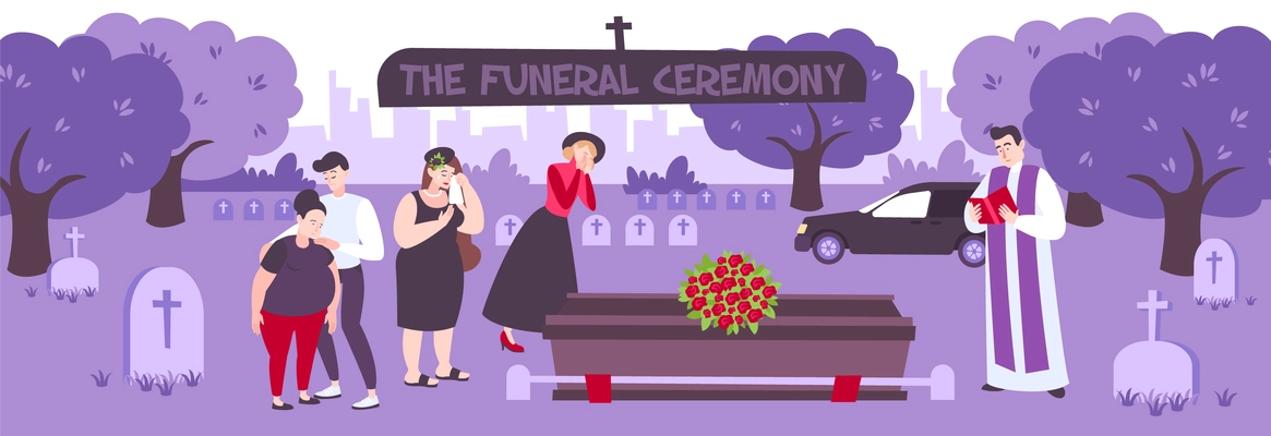 Funeral ceremony on cemetery vector illustration with weeping people standing with flowers and wreaths around coffin