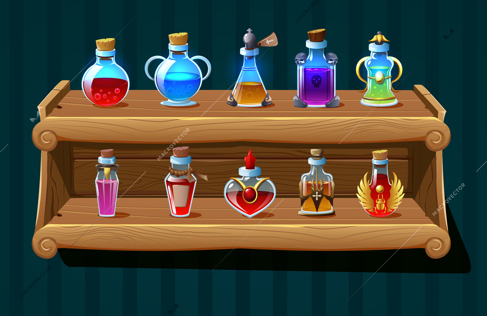 Bottles with magic potions and poison on wooden shelf realistic background vector illustration