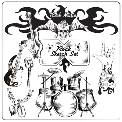 Rock guitar music grunge black sketch set isolated vector illustration