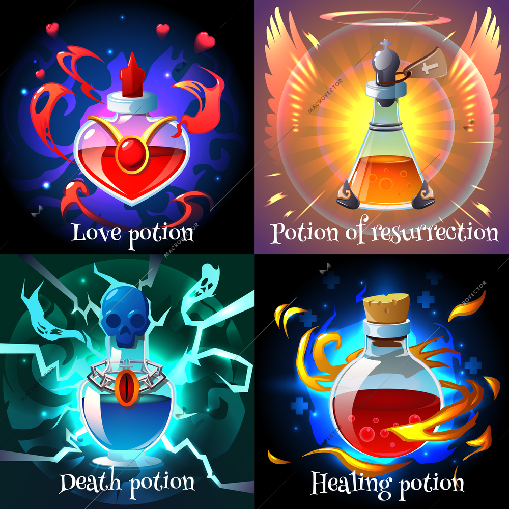 Magic love resurrection healing and death potions in glass flasks realistic 2x2 design concept isolated vector illustration