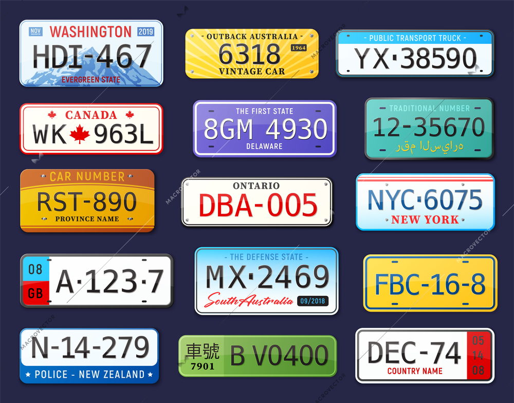 Realistic car number set with isolated colourful images of car license plates with editable text vector illustration