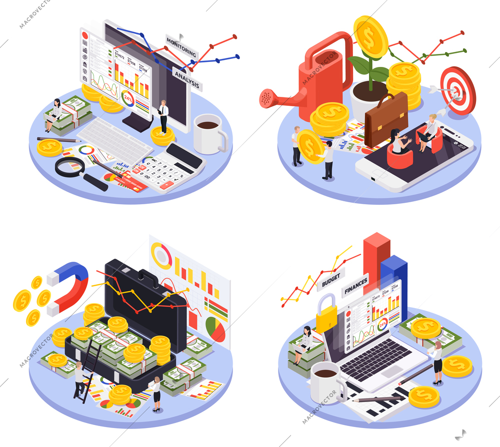 Isometric isolated and round wealth management icon set with different ways of making money vector illustration