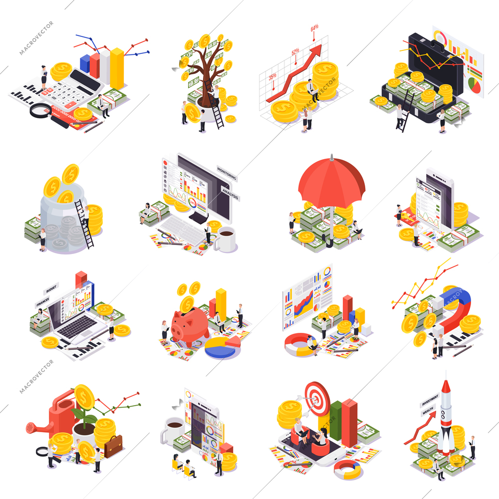 Wealth management isometric icon set target chart graphs and other abstract elements vector illustration