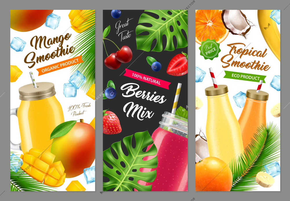 Realistic jar cocktail smoothie banners set of three vertical backgrounds with glass bottles berries and leaves vector illustration