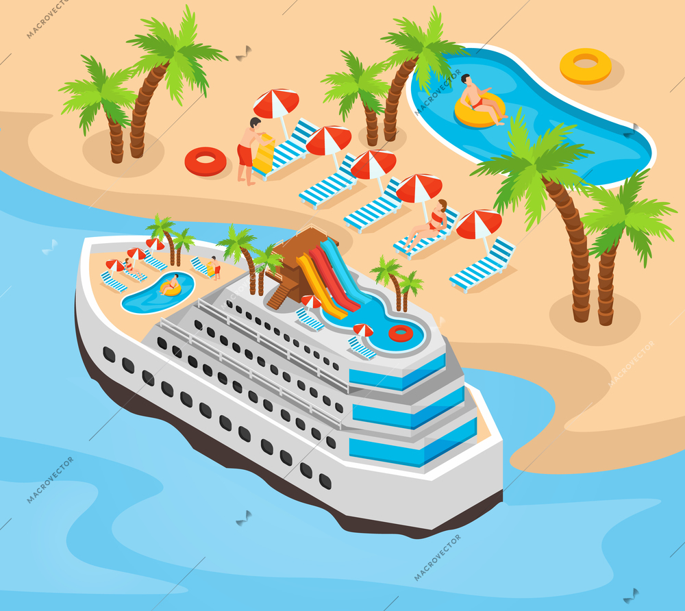 Summer vacation  isometric background with cruise liner near south sandy beach vector illustration