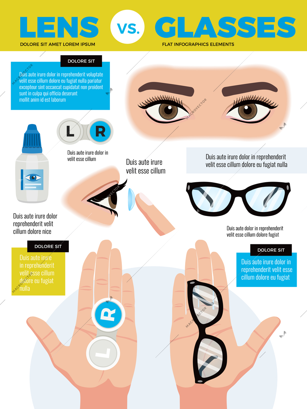 Eye lenses eyeglasses background composition with editable text and human eyes with hands and glasses vector illustration