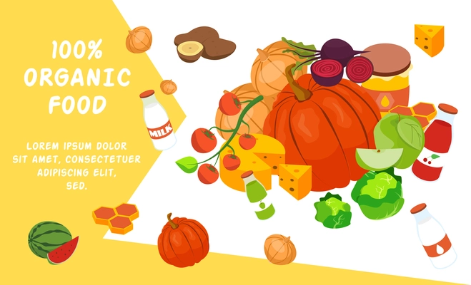 Banner organic food isometric background with editable text and composition of vegetables drinks and milk products vector illustration