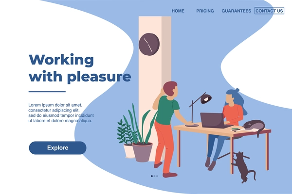 Working with pleasure page design with cats at work flat vector illustration