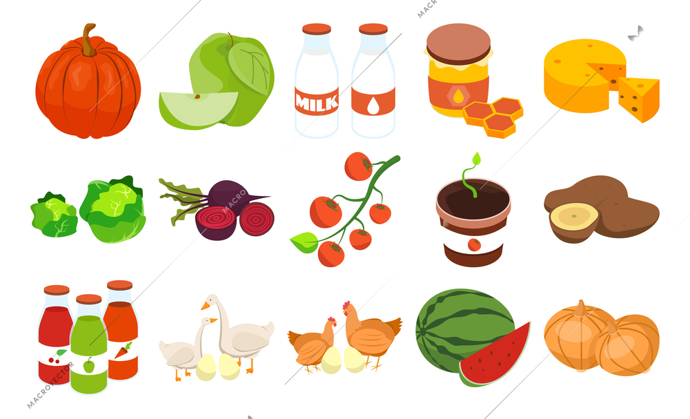 Farmers market isometric set with isolated images of organic farm products for sale on blank background vector illustration