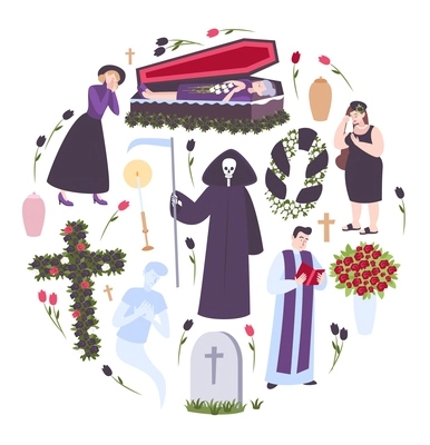 Funeral round composition with sad people headstone priest coffin with deceased isolated icons vector illustration