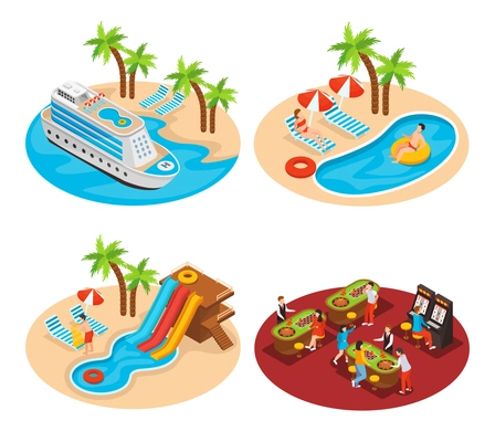 Sea cruise 2x2 design concept set of four isometric compositions with liner, south landscapes palm trees and swimming pools vector illustration