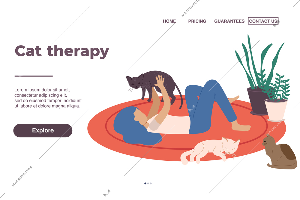 Cat therapy page design with pricing and guarantees symbols flat vector illustration