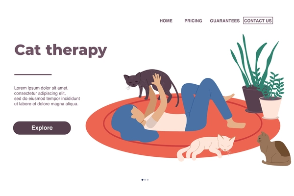 Cat therapy page design with pricing and guarantees symbols flat vector illustration