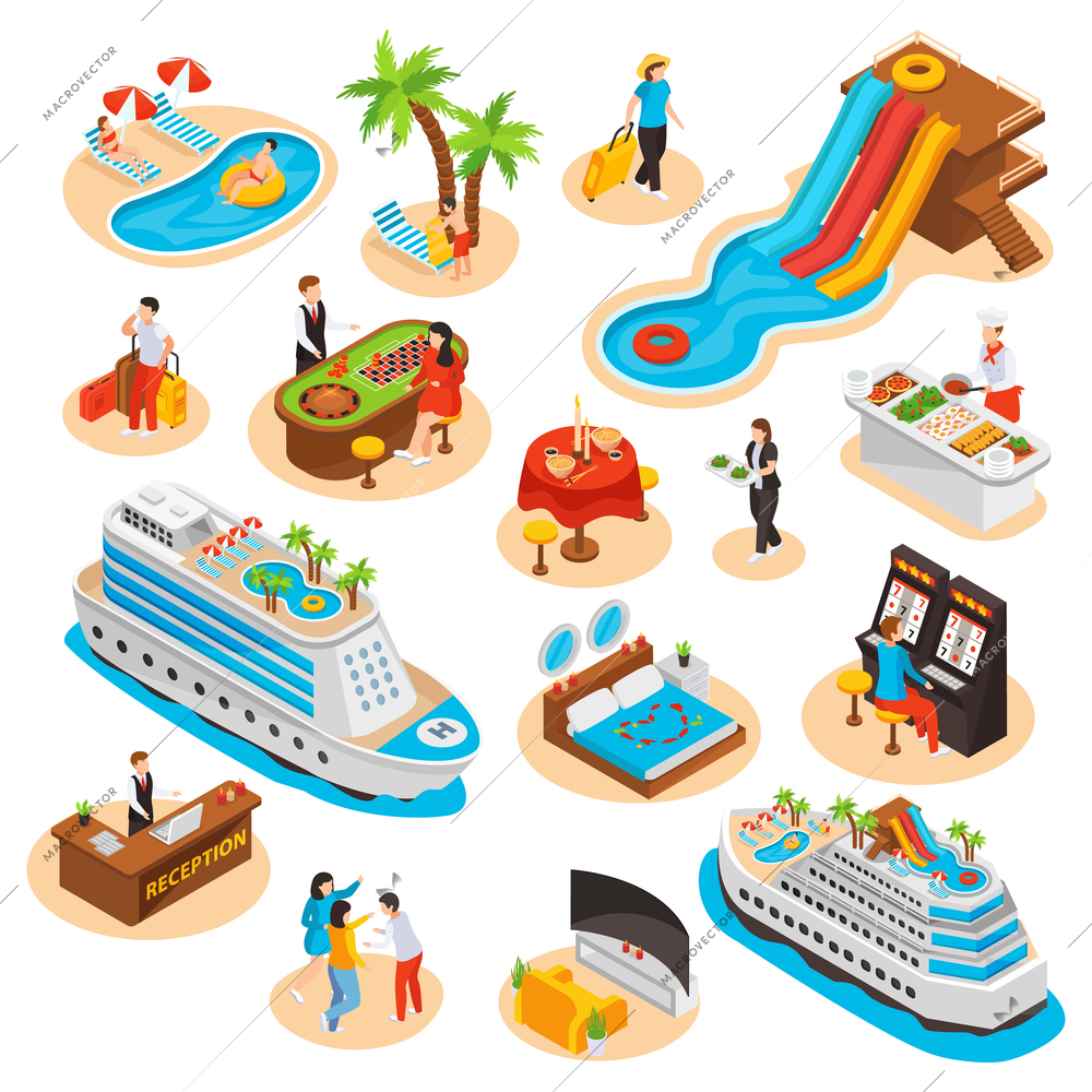 Sea cruise isometric icons set of aqua park elements ship hotel reception vector illustration