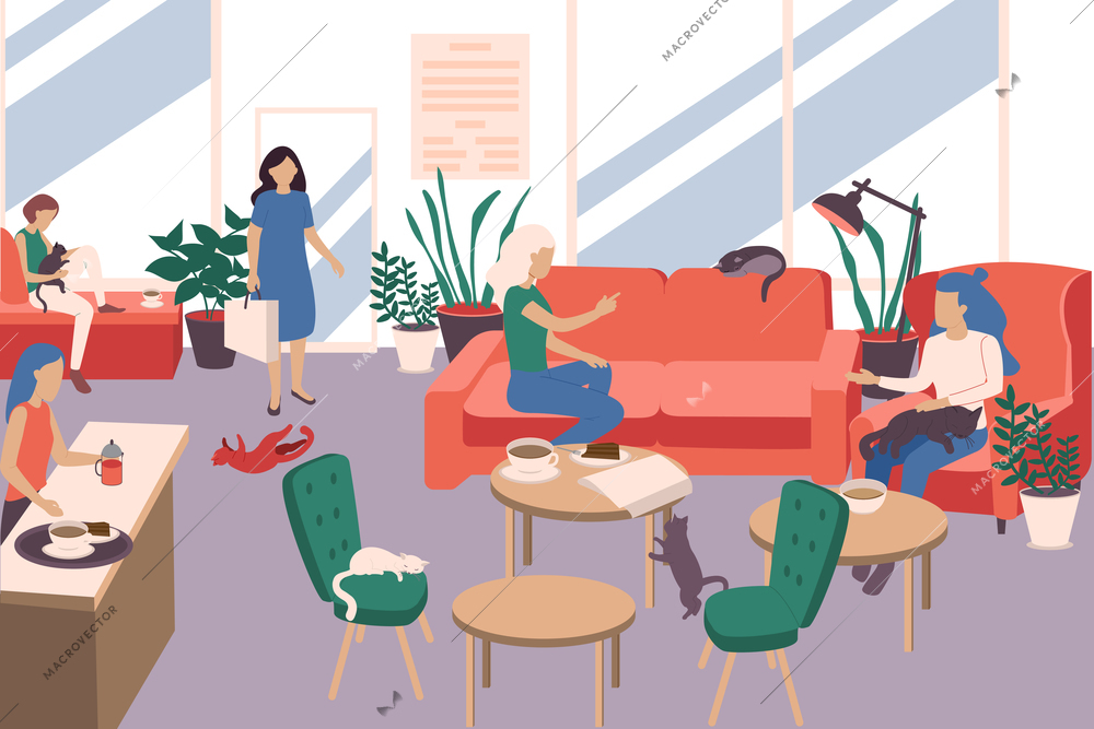 People working with cats composition with therapy symbols flat vector illustration