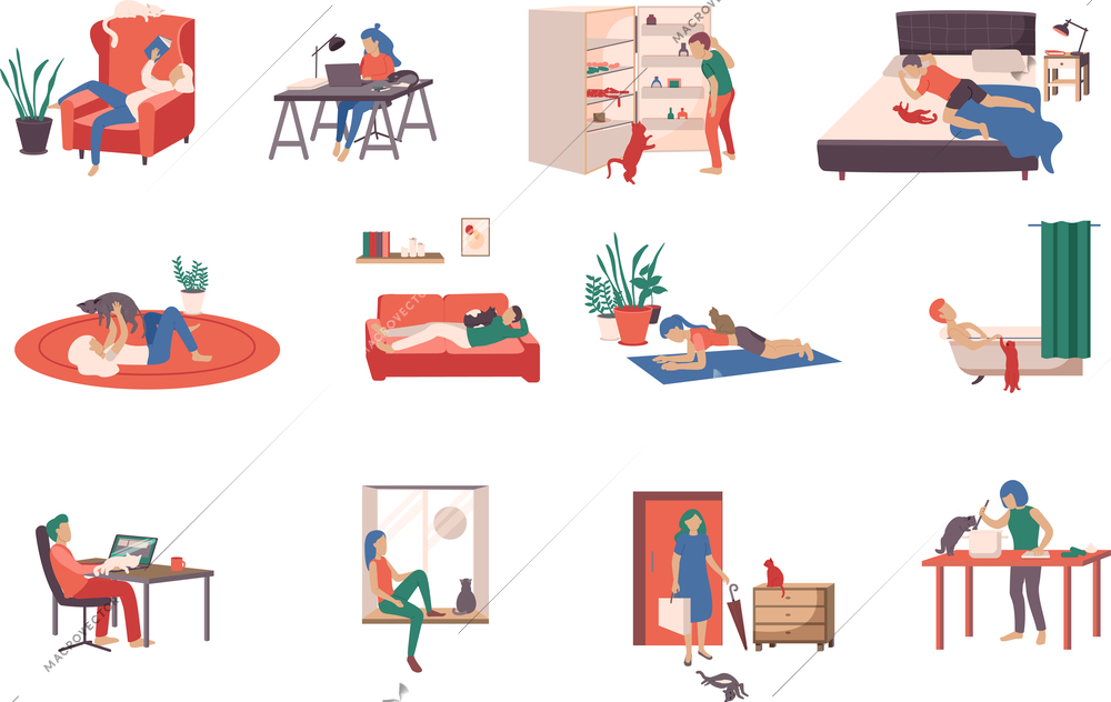 People with cats at home icons set flat isolated vector illustration