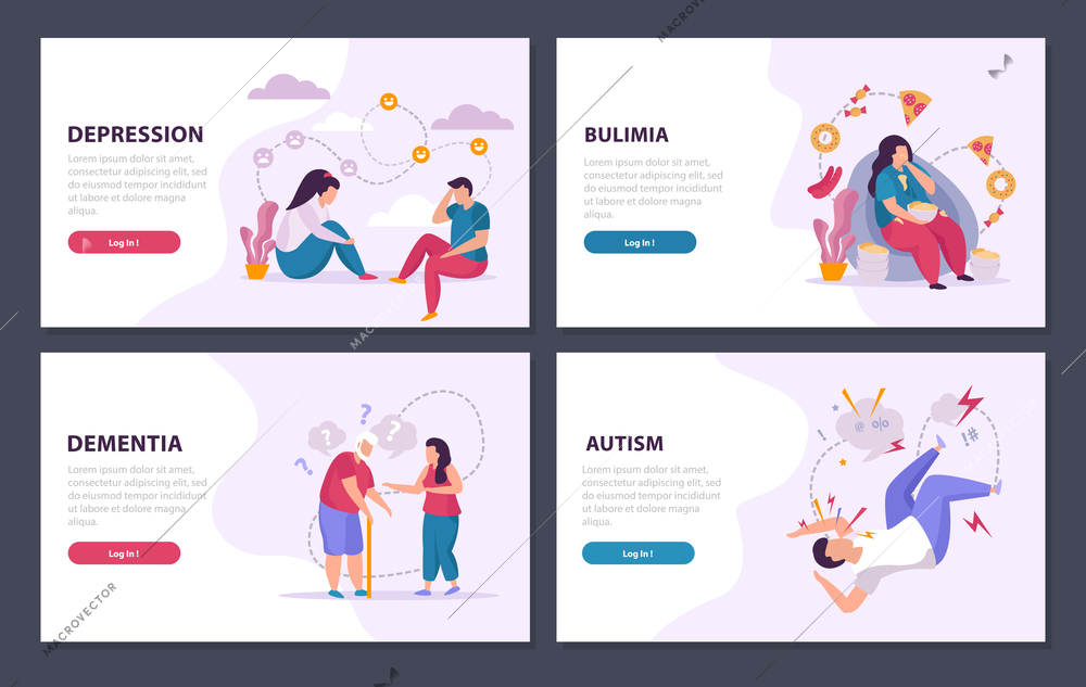 Mental disorders 2x2 design concept set of depression dementia autism bulimia flat compositions vector illustration