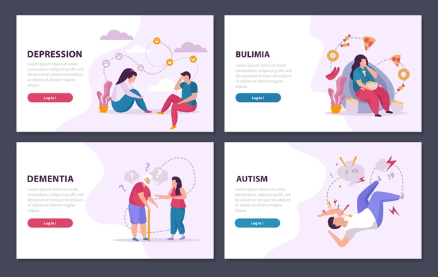 Mental disorders 2x2 design concept set of depression dementia autism bulimia flat compositions vector illustration