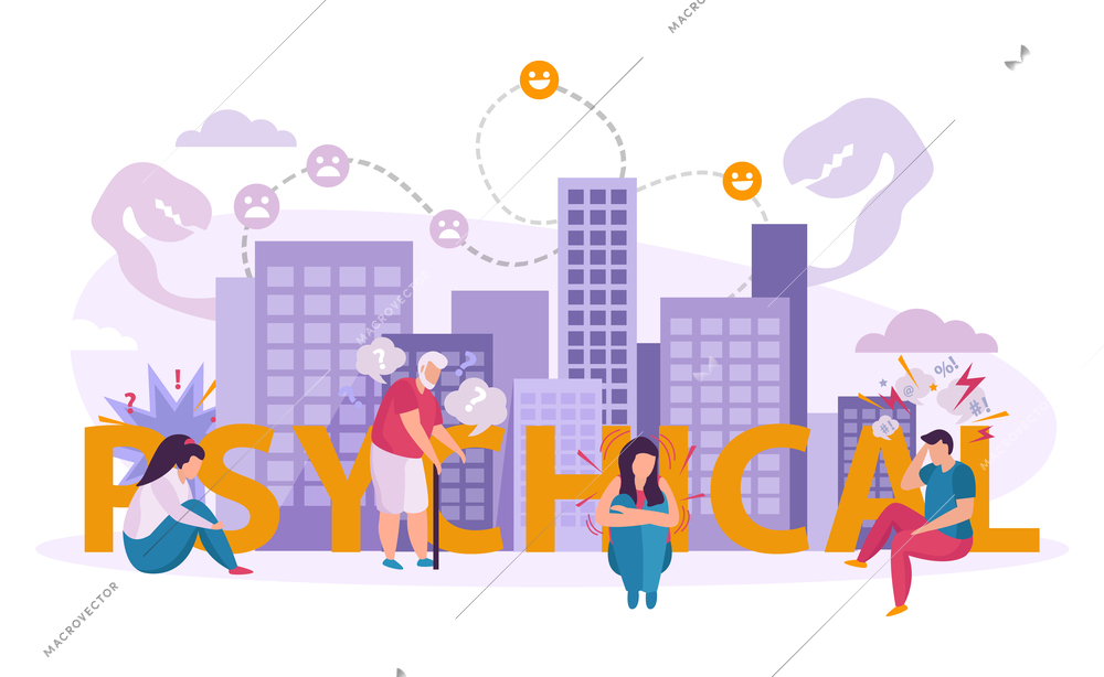 Mental disorders design concept with people suffering from psychosis panic phobia dementia at urban background flat vector illustration