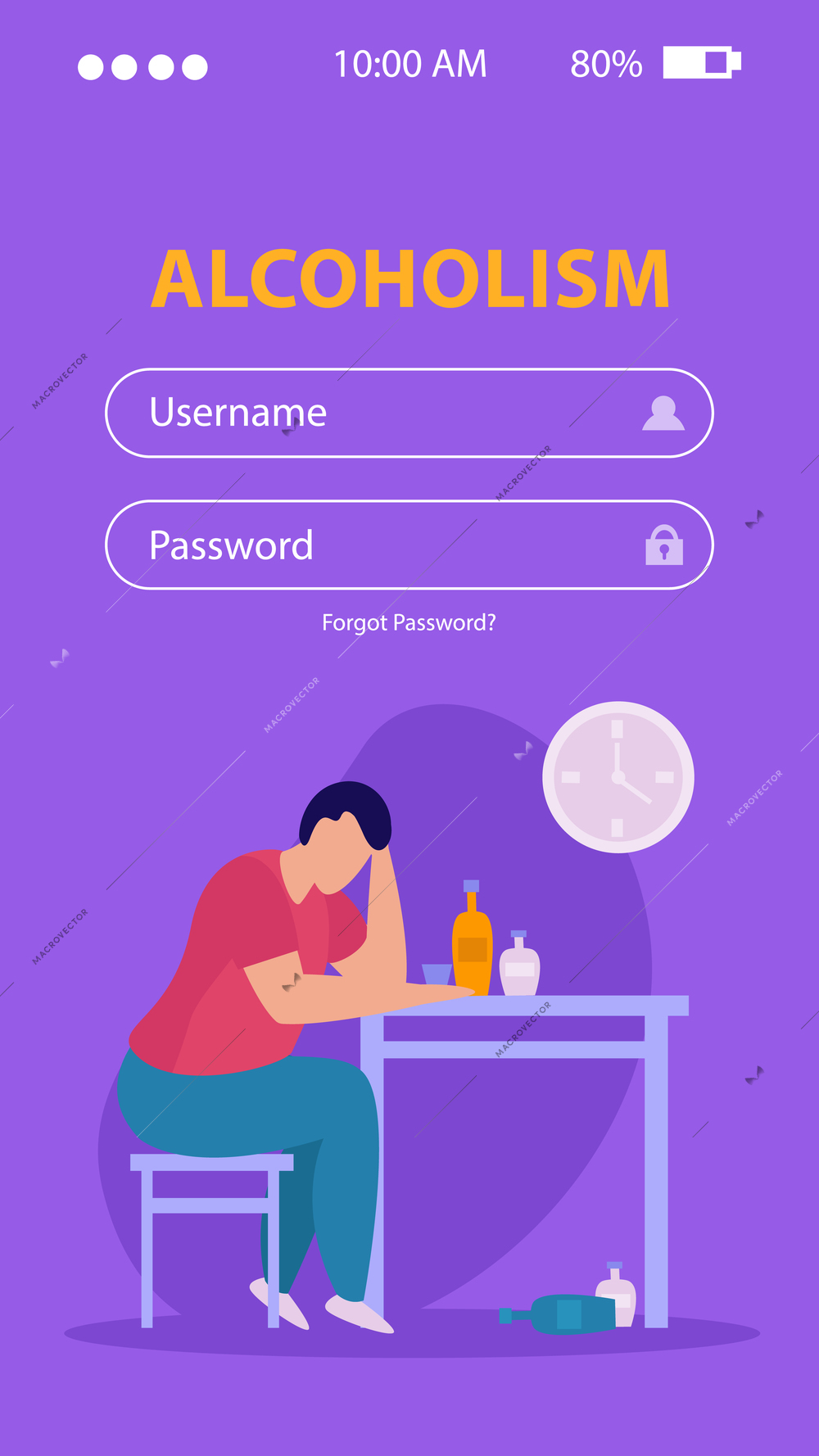 Mental disorders mobile app design for people suffering from alcoholism with username and password inputs vector illustration