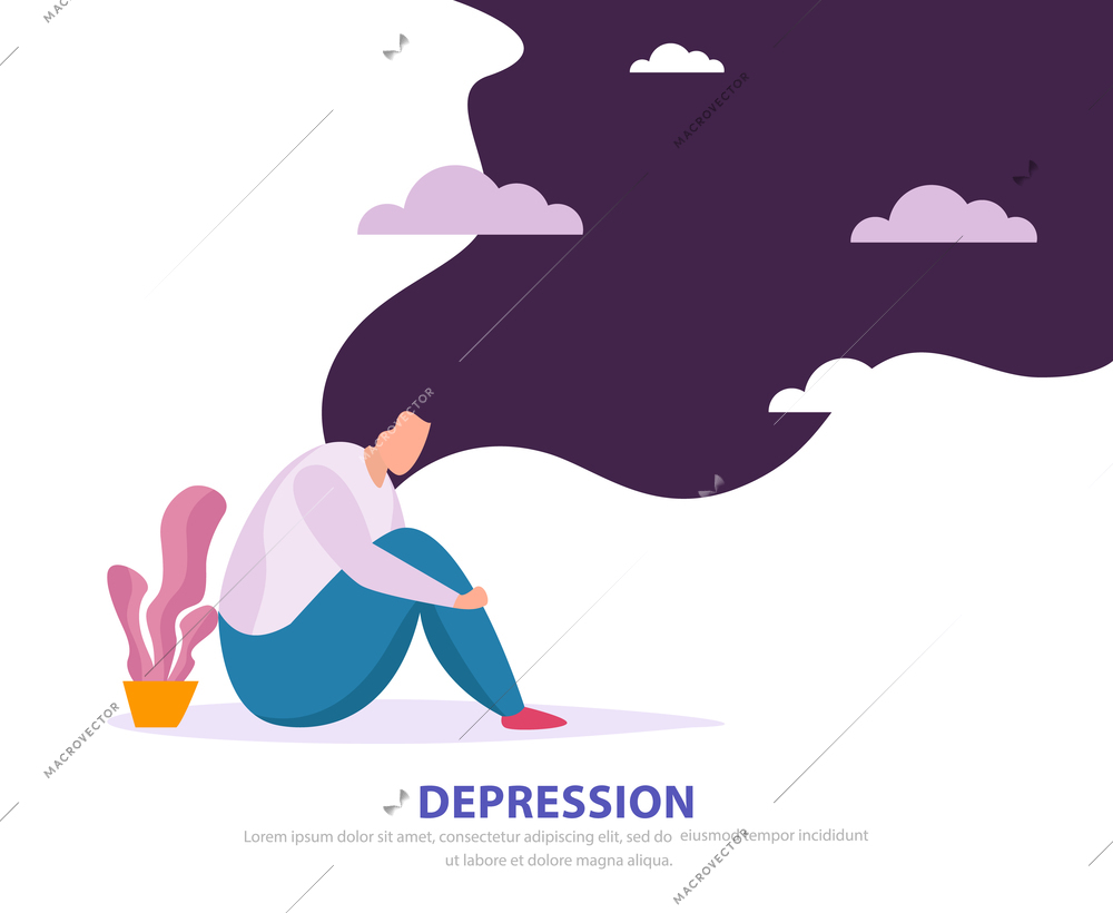 Depression flat design concept with adult female character sitting on floor near potted plant at dark sky background vector illustration