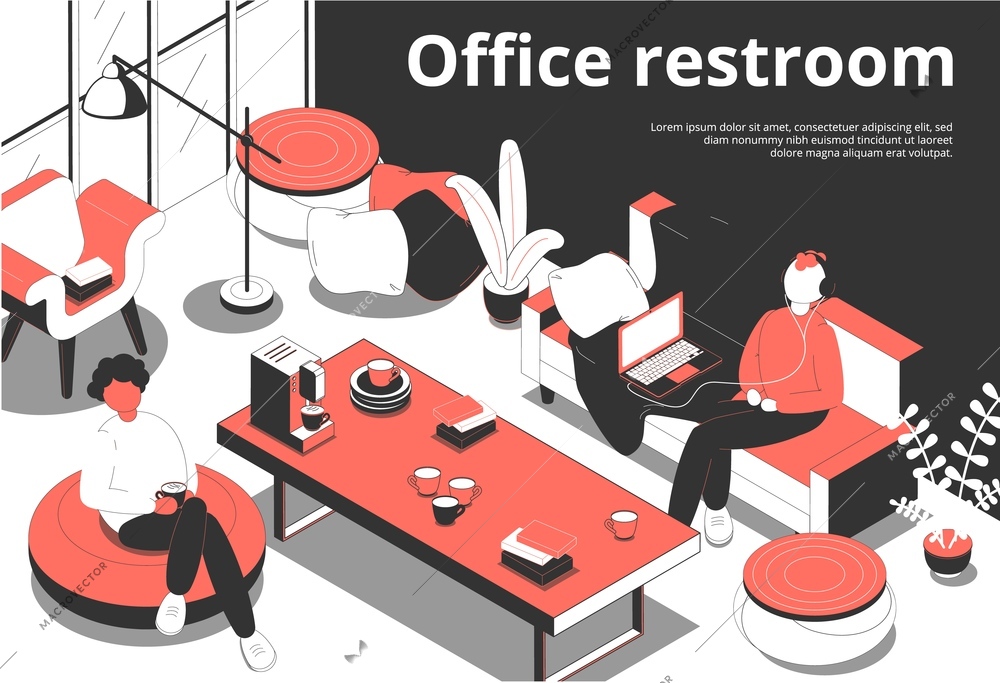 Office restroom isometric background composition with editable text and indoor view of break room with people vector illustration