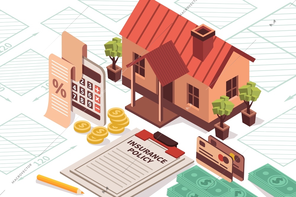 Home insurance isometric composition with images of payment methods house building paperwork on architectural drawings surface vector illustration