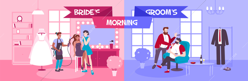 Morning wedding preparations in barbershop with bride and groom shave the beard vector illustration