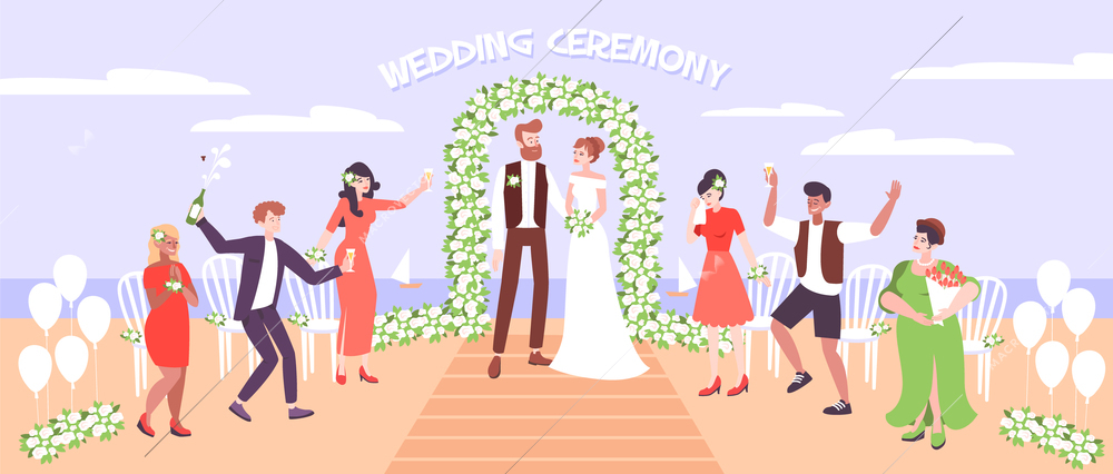 Wedding ceremony on sea beach with just married couple under wedding arc decorated with flowers vector illustration