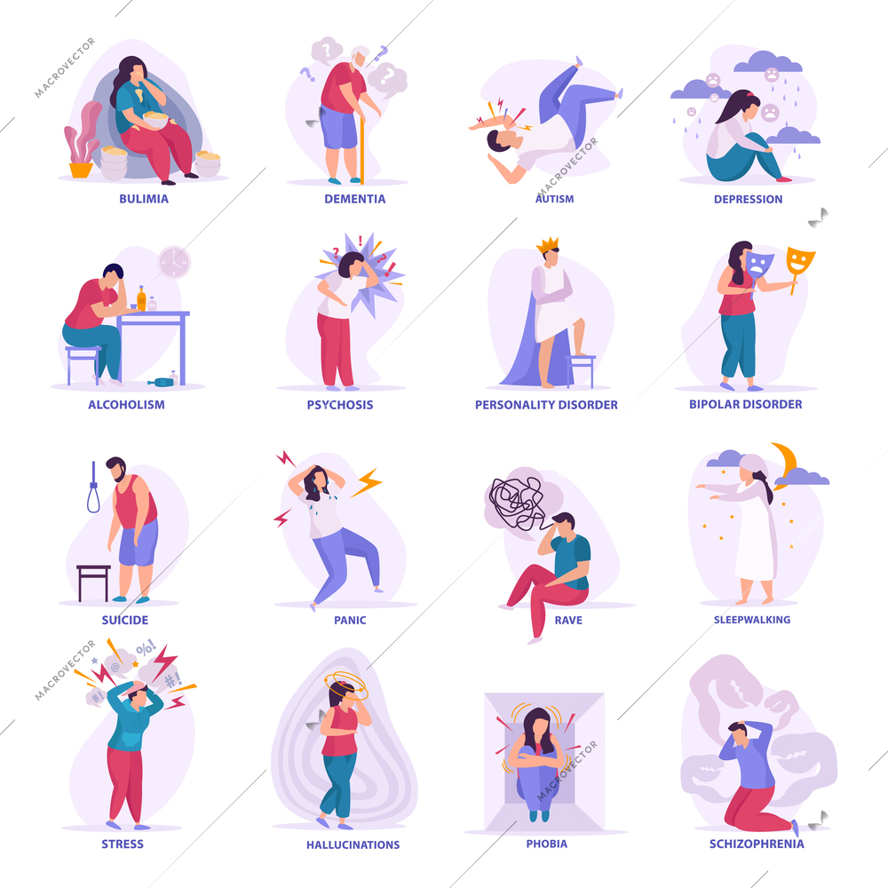 Mental disorders flat icons illustrated bipolar disorder dementia autism bulimia depression sleepwalking hallucinations isolated vector illustration