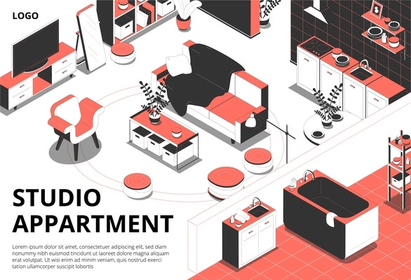 Studio apartment isometric background with domestic view of rooms with furniture interior elements and editable text vector illustration