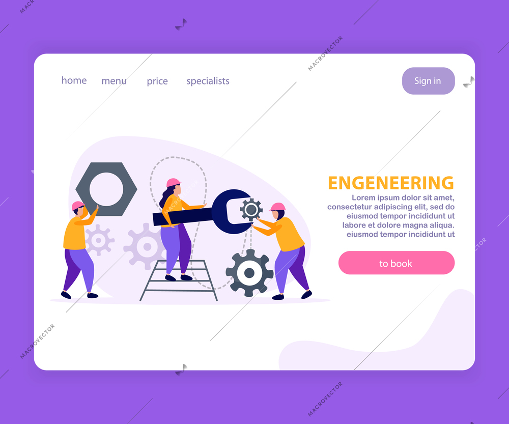 Engineering flat landing page with abstract technological background and information about price and specialists vector illustration