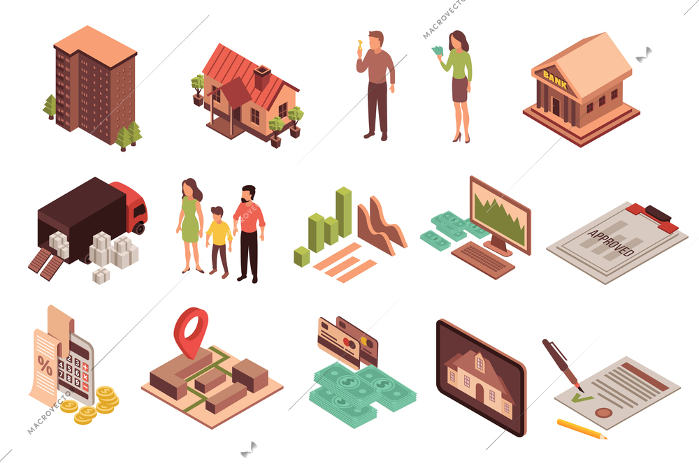 Mortgage isometric icons set of isolated icons human characters and images of paperwork money and houses vector illustration