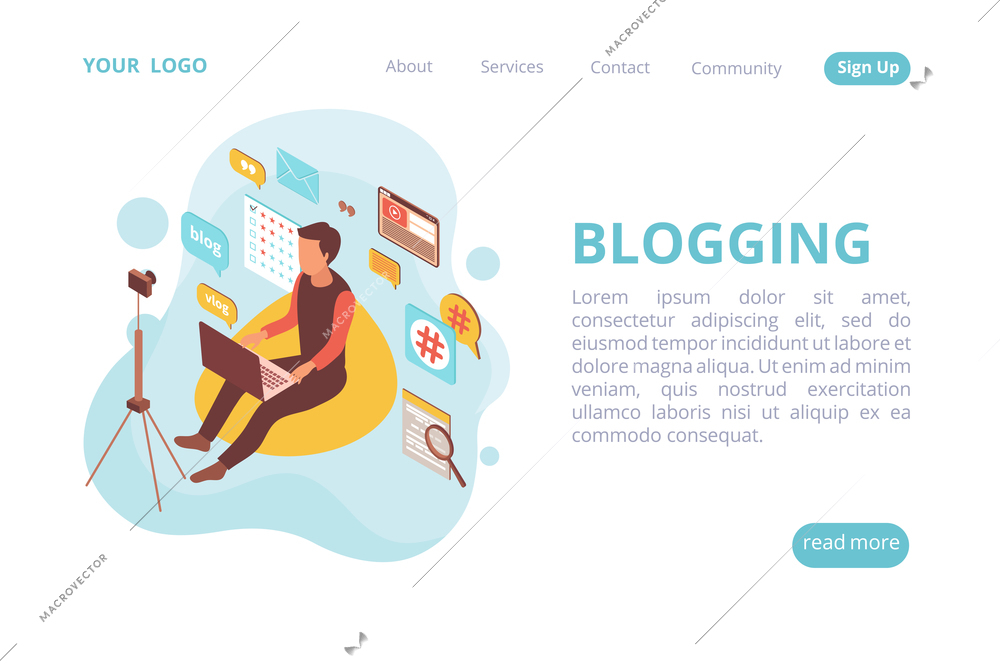 Blogger isometric web site landing page with human character and cloud of pictograms with clickable links vector illustration