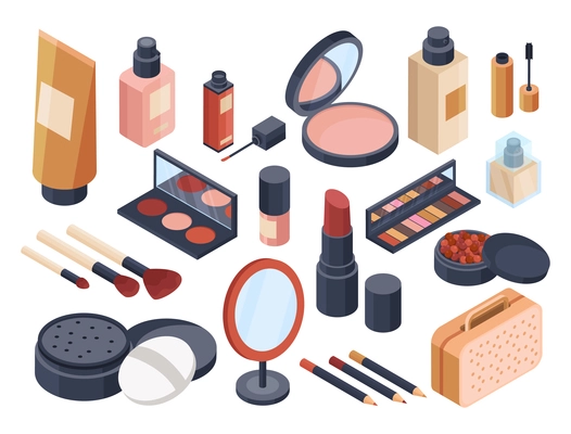 Cosmetics icons set with lipstick and powder isometric isolated vector illustration