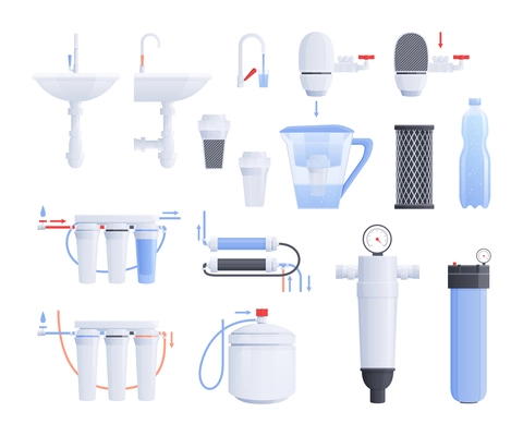 Water filter flat icon set with different type of filters for cold and hot water vector illustration