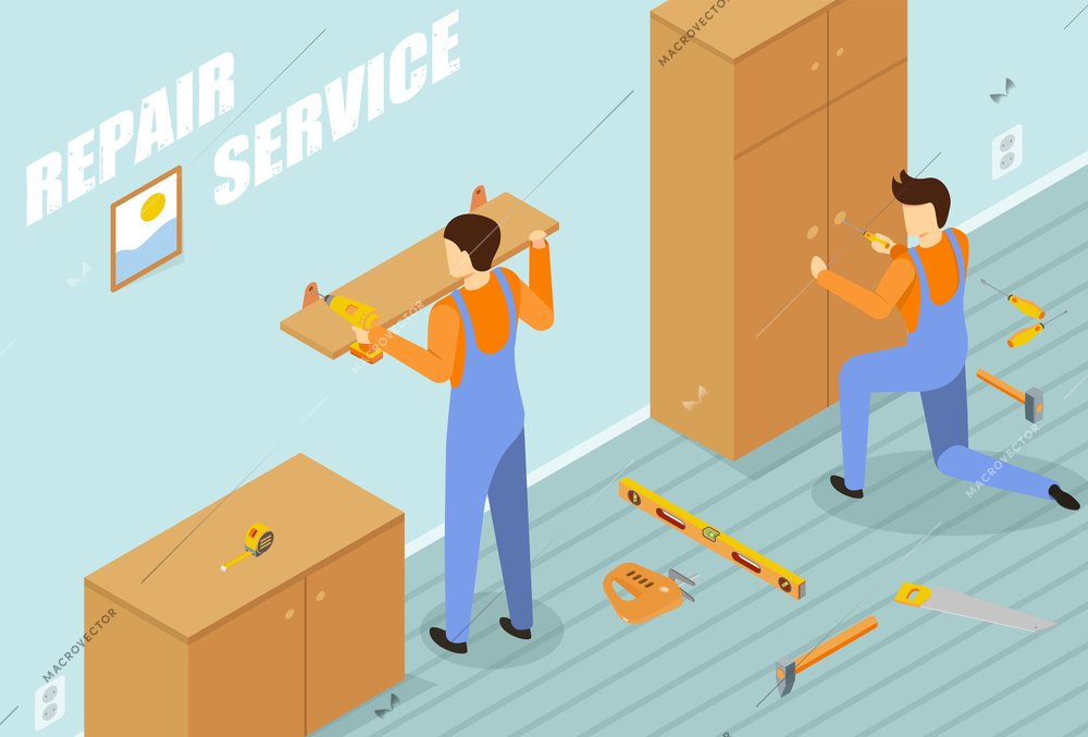 Repair service background with working equipment symbols isometric vector illustration