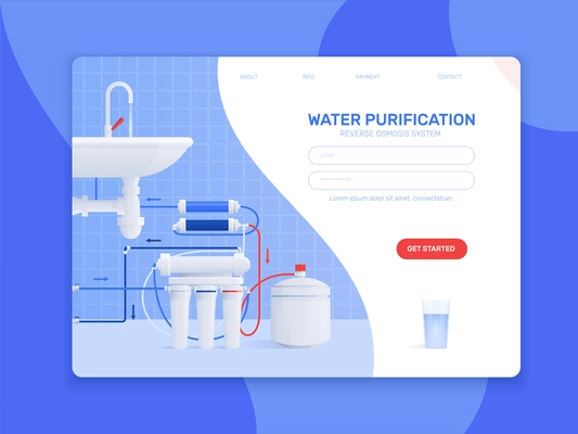 Colored flat water filter composition or landing page with water purification reverse osmosis system headline and get started button