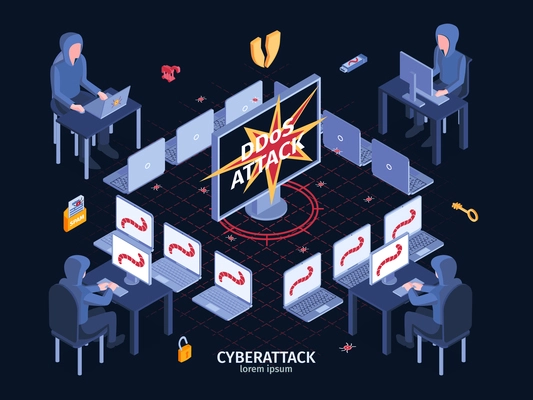 Isometric hacker horizontal composition with text and view of multiple computers network performing ddos cyber attack vector illustration