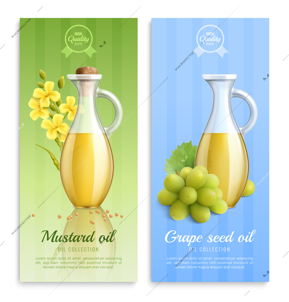 Mustard realistic banner set with mustard oil and grape seed oil oil collection descriptions vector illustration