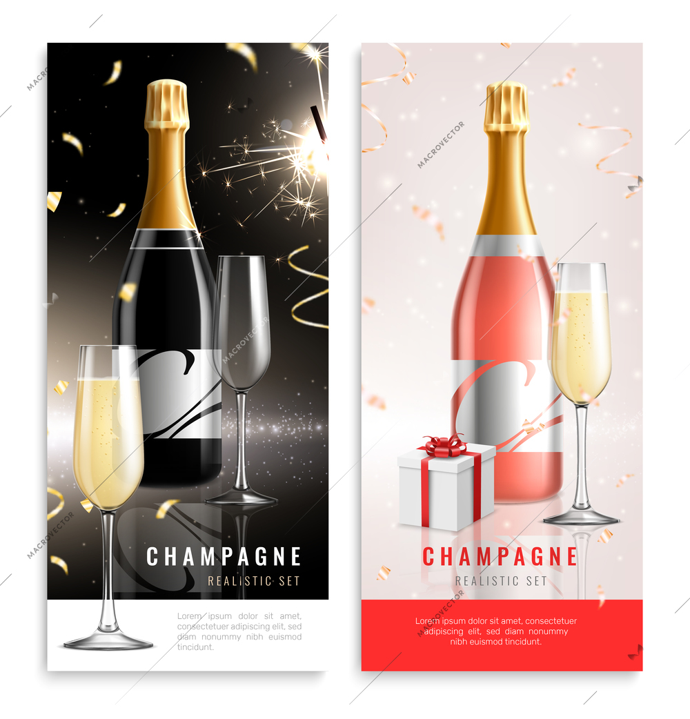 Two vertical realistic champagne banner set with black and red style of bottle vector illustration