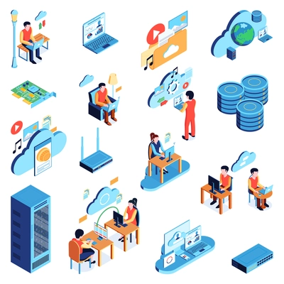 Isometric datacenter cloud service set with isolated human characters pictograms and icons of computer network essentials vector illustration