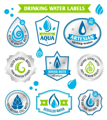 Set of water drops label badge set for healthy aqua bottles design vector illustration