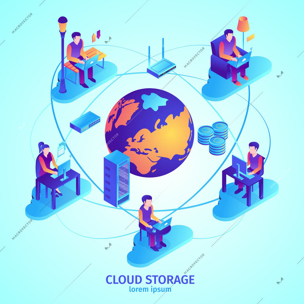 Isometric cloud service composition with editable text and earth globe surrounded by computer network infrastructure elements vector illustration