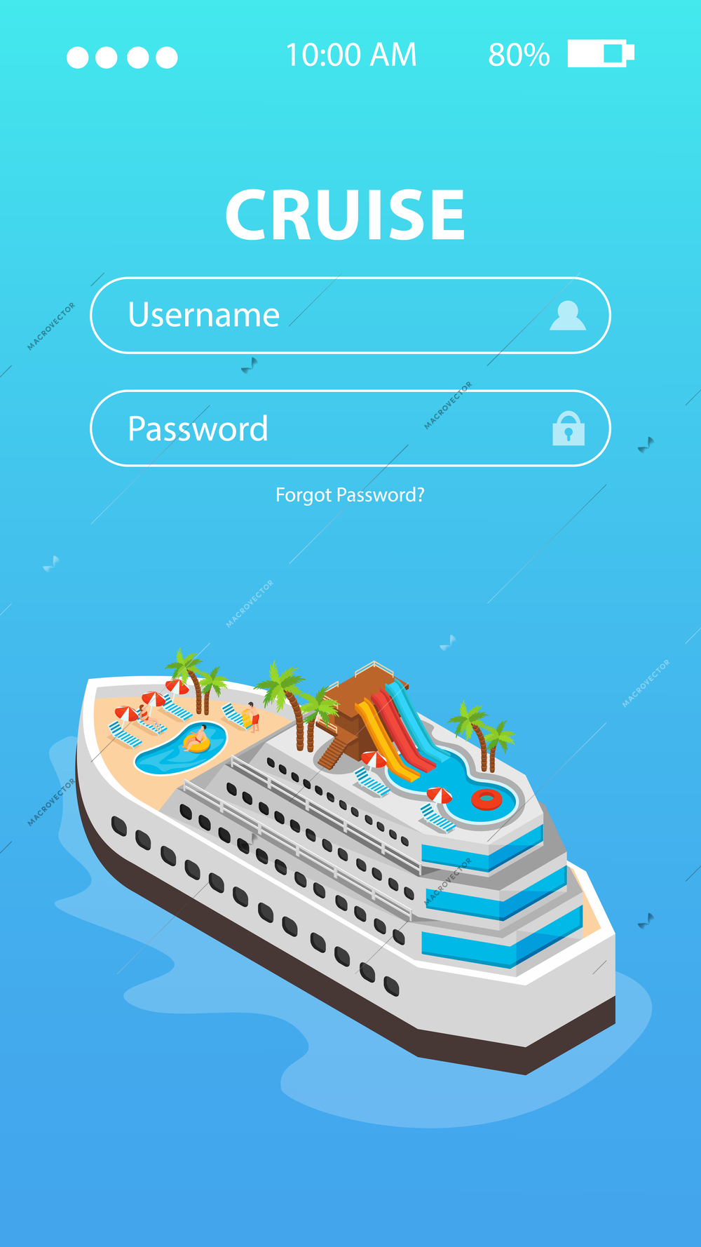 Sea cruise booking mobile app design with username and password inputs and liner image isometric vector illustration