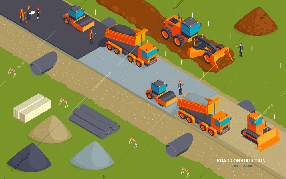 Isometric construction horizontal composition with editable text and outdoor scenery with road engineering machinery and materials vector illustration