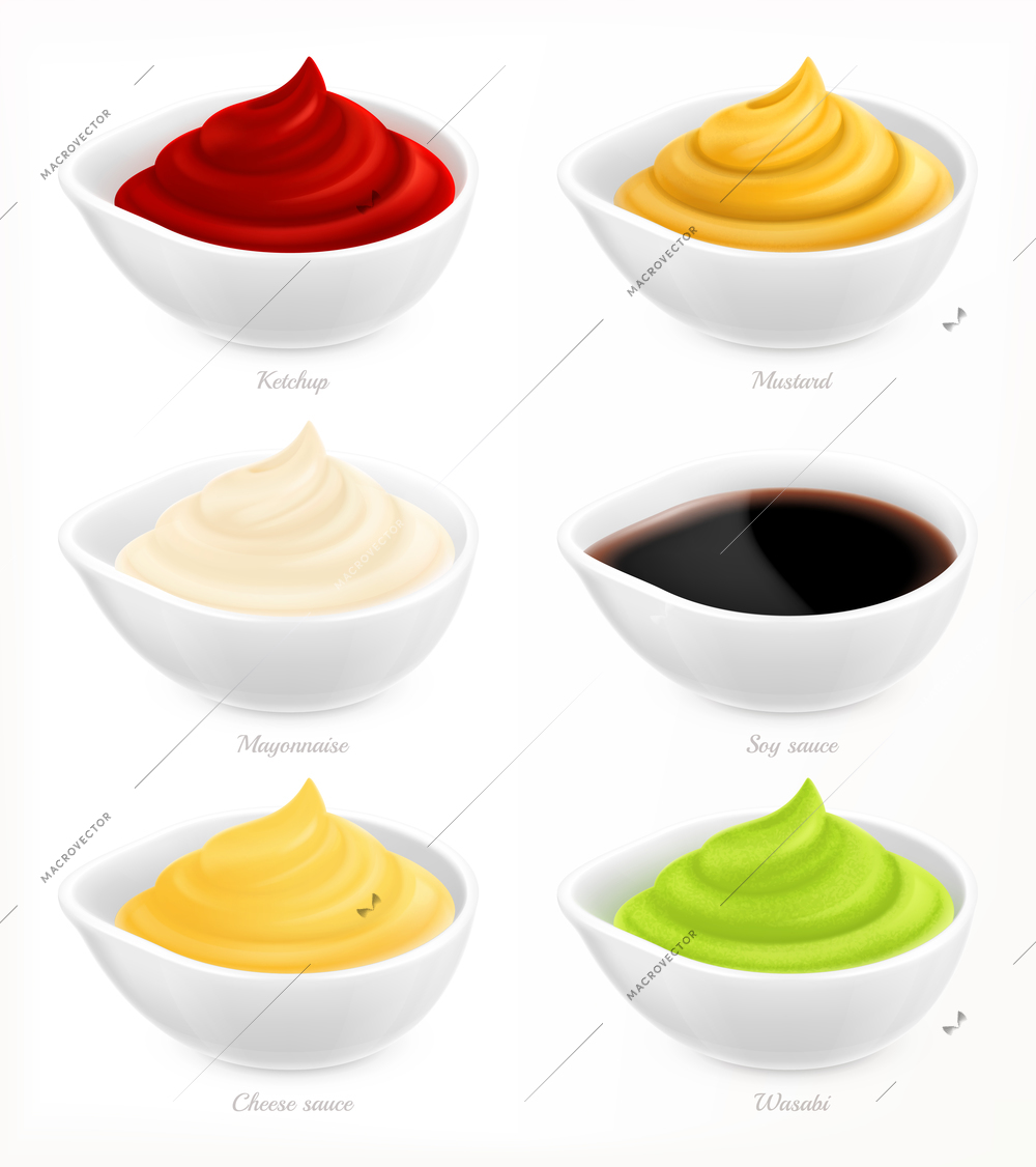 Sauce realistic icon set with ketchup mustard mayonnaise soy cheese and wasabi souses vector illustration