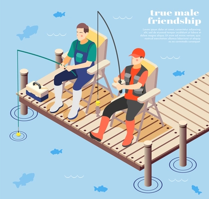 Isometric background with two true male friends fishing 3d vector illustration