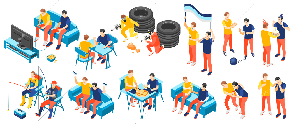 Male friendship isometric icons set with two men fishing playing eating resting watching tv together 3d isolated vector illustration